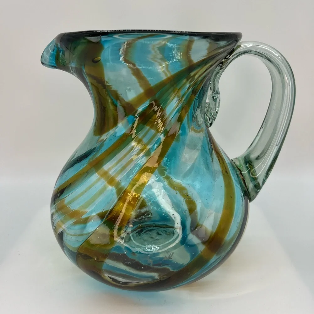 Mexican Hand Blown Art Glass Pitcher Turquoise Brown Vessel With Handle Swirl